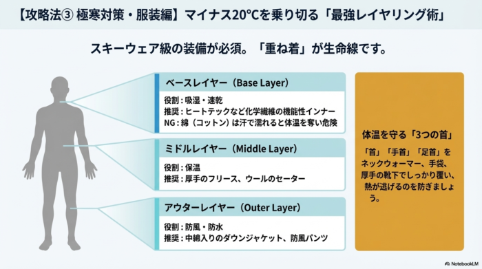 ベース・ミドル・アウターの三層レイヤリングと「3つの首」を守るポイントを解説したイラスト