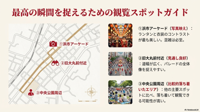 パレードルートの地図とともに、①浜市アーケード（写真映え）、②旧大丸前付近（全体像が見えやすい）、③中央公園周辺（比較的落ち着いたエリア）の3か所の特徴を解説したスライド 。