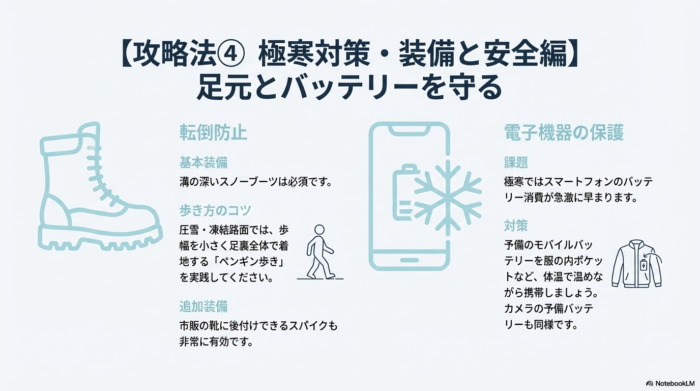 スノーブーツの推奨、転倒を防ぐ「ペンギン歩き」、スマホのバッテリー保護対策を解説した図
