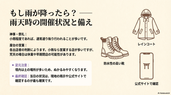 雨天時の神事や屋台の営業判断、ぬかるみ対策の防水靴やレインコートの準備を推奨するイラスト付きスライド