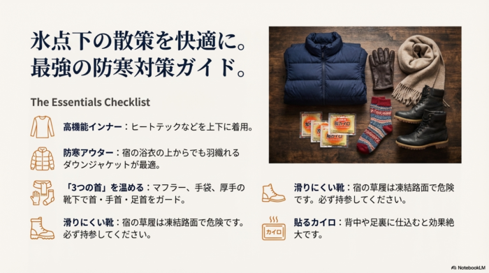 氷点下になる黒川温泉の夜を歩くための、厚手コート、マフラー、手袋、カイロ、滑りにくい靴などの服装チェックリスト