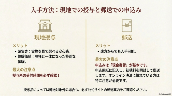 現地授与のメリット（確実さ・体験価値）と、郵送のメリット（遠方可）および最大の注意点である「現金書留」での申し込みについての比較表。