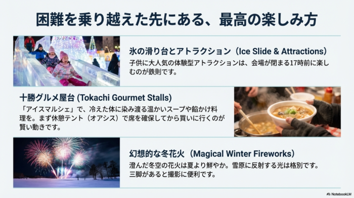 氷の滑り台を楽しむ子供たち、温かいグルメ、冬花火の写真を交えた楽しみ方のまとめスライド