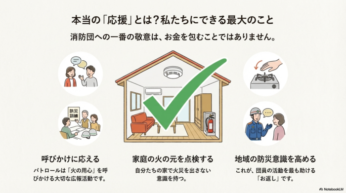 お金を包むことではなく、パトロールの呼びかけに応えることや、家庭の火の元を点検し地域の防災意識を高めることが最大の応援であることを示すスライド。