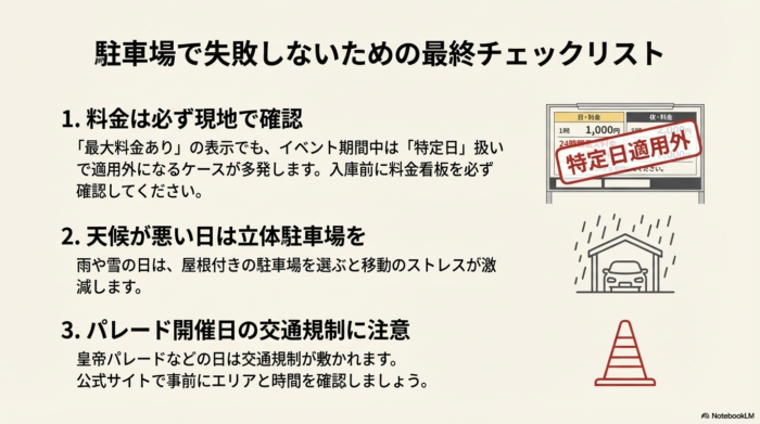 現地料金の確認、悪天候時の立体駐車場、パレード日の交通規制という3つの注意点をまとめたリスト。