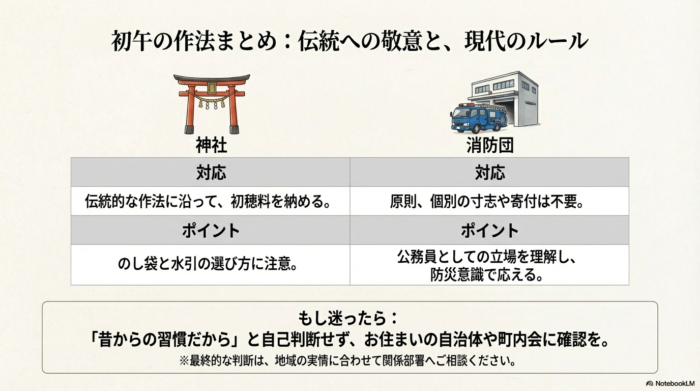 神社（初穂料を納める）と消防団（原則、寄付は不要）の対応の違いとポイントを一覧表形式でまとめた比較スライド