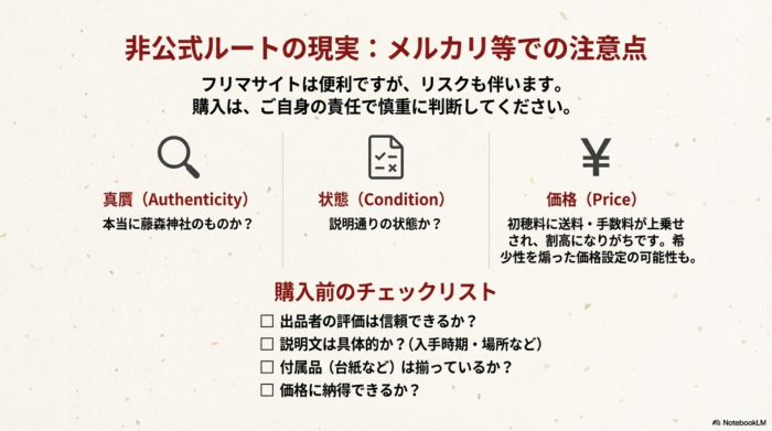 メルカリ等の非公式ルートでのリスク（真贋・状態・価格）と、購入前に確認すべき3つのポイント（具体性、付属品、価格の納得感）。