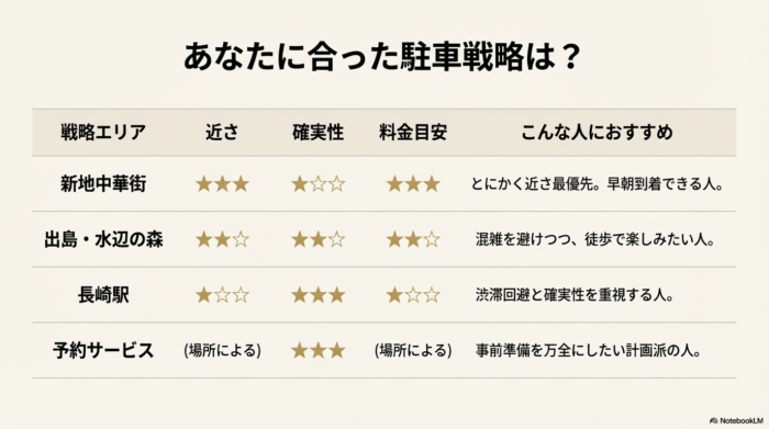 会場まで徒歩10分前後で、中〜大規模駐車場が多く混雑ストレスが比較的少ない出島・水辺の森エリアの紹介。