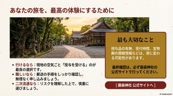 現地、郵送、二次流通それぞれの付き合い方のまとめ。最終確認は必ず藤森神社の公式サイトで行うことを強調したスライド。